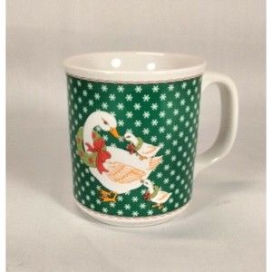 Vintage Coffee Mug Country goose with baby green star polka dot background